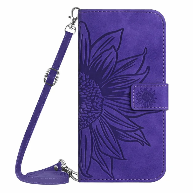 For Samsung Galaxy A06 5G Case Sunflower Imprint PU Leather Phone Cover with Long Strap - Dark Purple