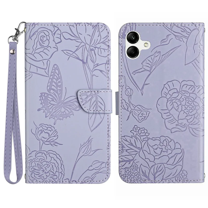 For Samsung Galaxy A06 5G Case Butterfly Flower Imprinted Leather Phone Cover with Strap - Purple