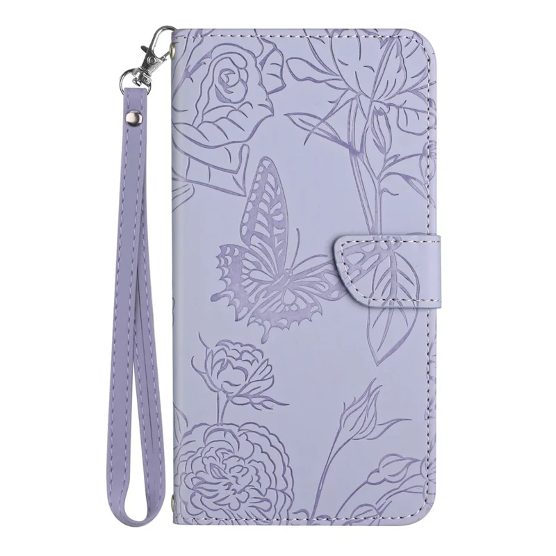 For Samsung Galaxy A06 5G Case Butterfly Flower Imprinted Leather Phone Cover with Strap - Purple