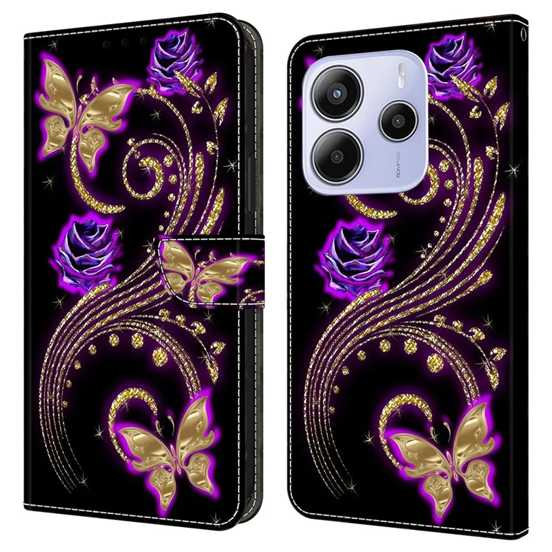 For Xiaomi Redmi Note 14 5G Case 3D Pattern PU Leather Wallet Phone Cover with Stand - Purple Flowers  /  Butterflies