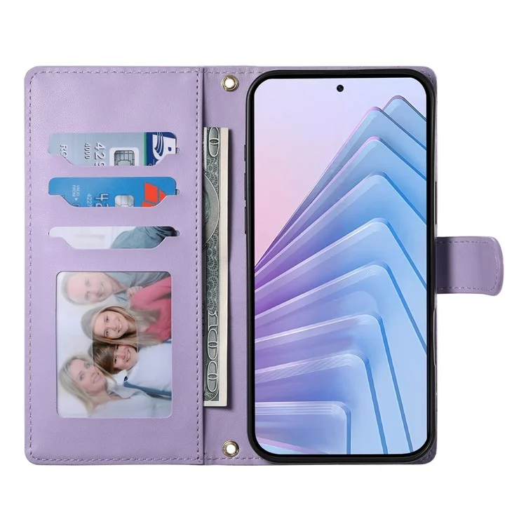 Capa de Couro para Xiaomi Redmi Note 14 4G (163,25x76,55x8,16mm) com Carteira em Padrão Losango, Suporte e Alça Longa/Curta - Roxo