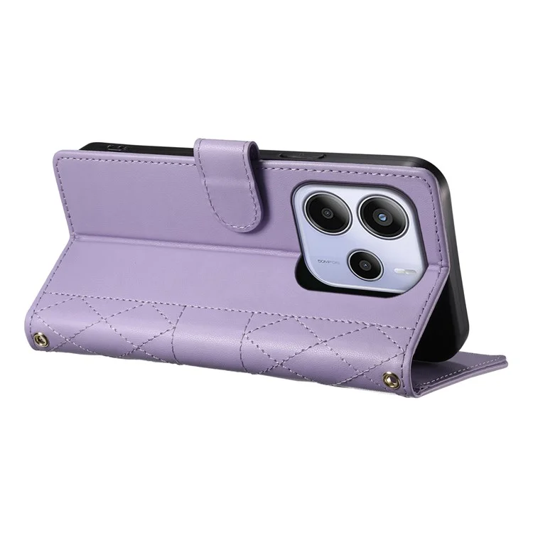 Capa de Couro para Xiaomi Redmi Note 14 4G (163,25x76,55x8,16mm) com Carteira em Padrão Losango, Suporte e Alça Longa/Curta - Roxo