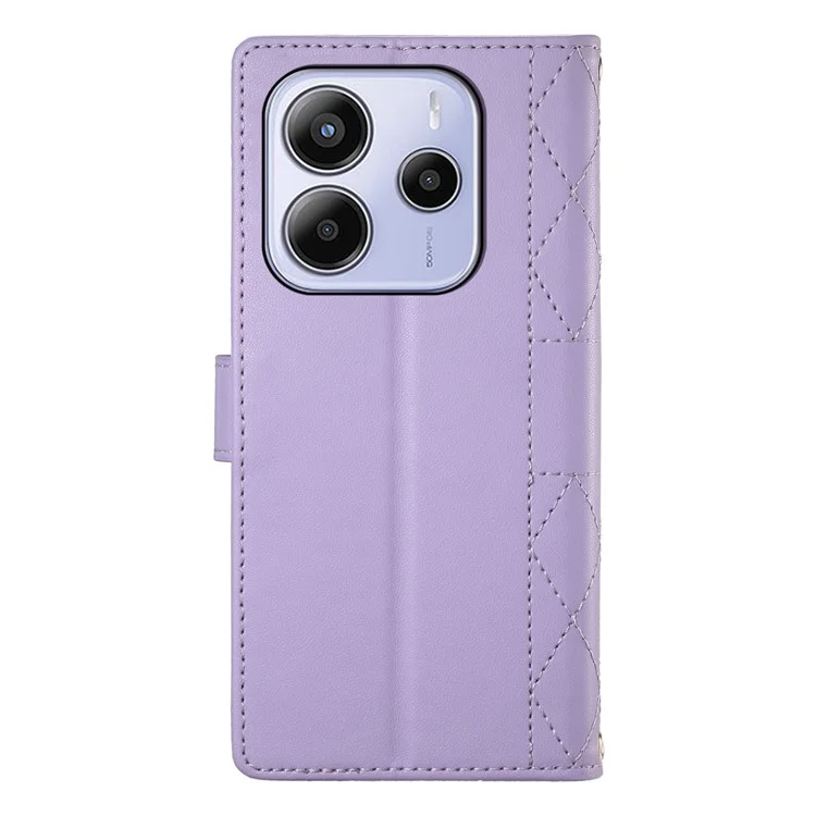 Capa de Couro para Xiaomi Redmi Note 14 4G (163,25x76,55x8,16mm) com Carteira em Padrão Losango, Suporte e Alça Longa/Curta - Roxo