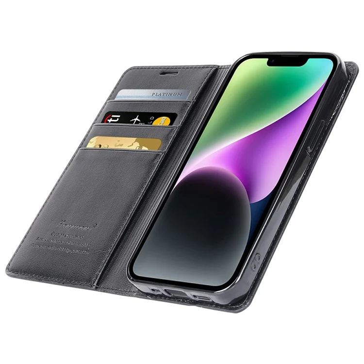 Hanman Minor Series Wallet Téléphone Pour Iphone 14, Cuir PU + TPU Poldable Stand Magnetic Auto-absorbed Cover - le Noir