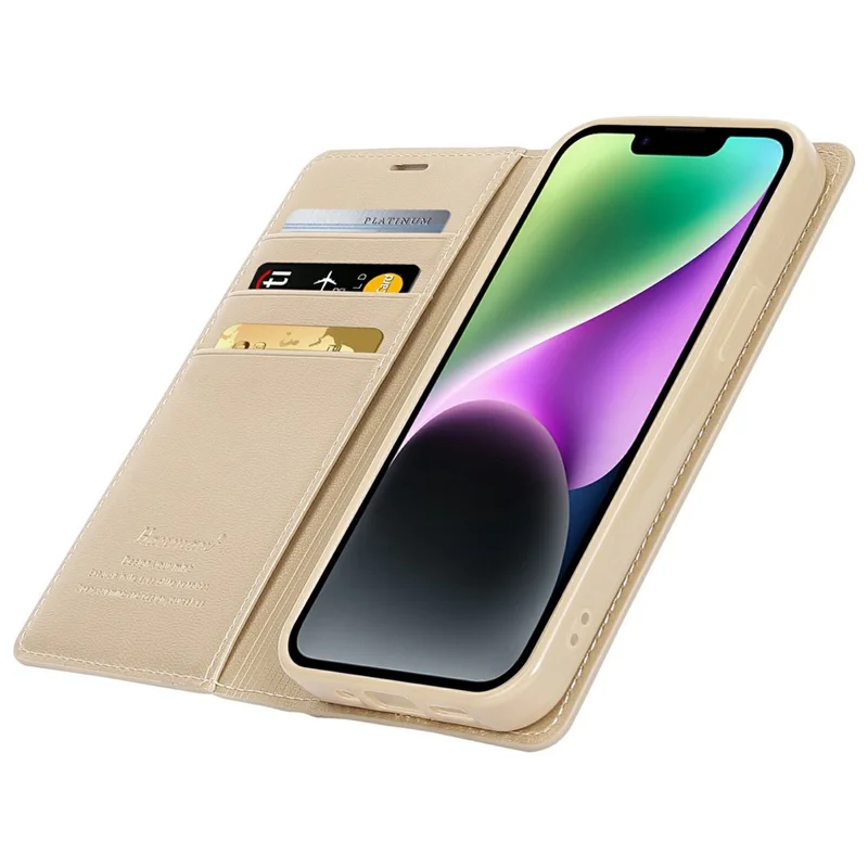HANMAN Minuo Serie Wallet telefonbeskyttelse til iPhone 14, PU-læder + TPU foldbar stående magnetisk autoabsorberende dæksel - Guld