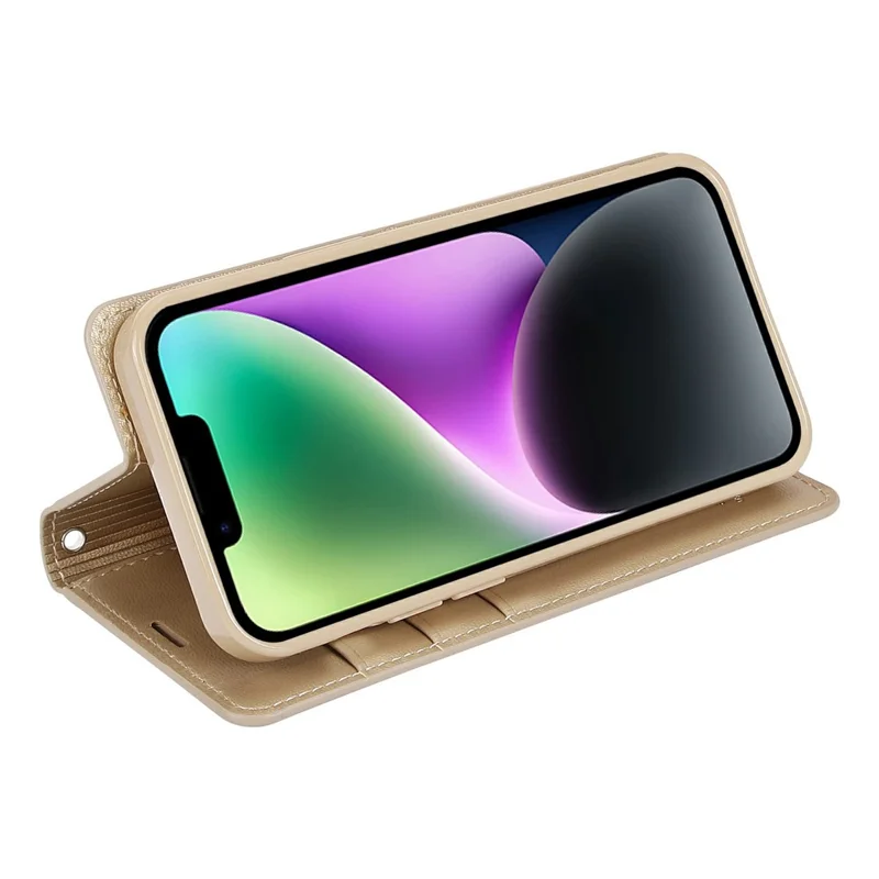 HANMAN Minuo Serie Wallet telefonbeskyttelse til iPhone 14, PU-læder + TPU foldbar stående magnetisk autoabsorberende dæksel - Guld