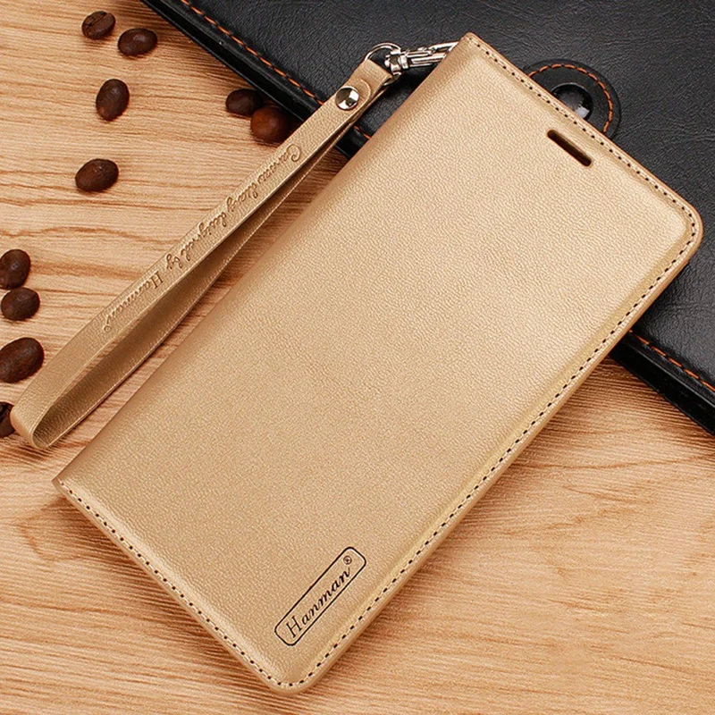 HANMAN Minuo Serie Wallet telefonbeskyttelse til iPhone 14, PU-læder + TPU foldbar stående magnetisk autoabsorberende dæksel - Guld