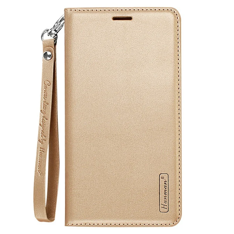 HANMAN Minuo Serie Wallet telefonbeskyttelse til iPhone 14, PU-læder + TPU foldbar stående magnetisk autoabsorberende dæksel - Guld