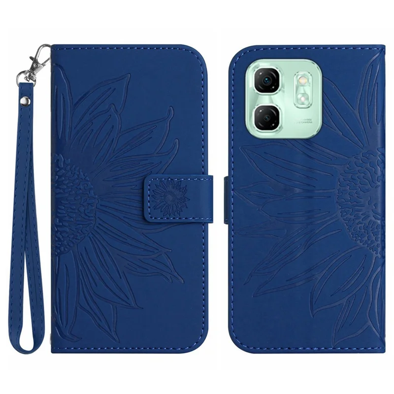 Phone Case For Infinix Hot 50i 4G X6531 / Smart 9 HD 4G / Smart 9 4G Sunflower Imprint Leather Wallet Cover with Wrist Strap - Sapphire