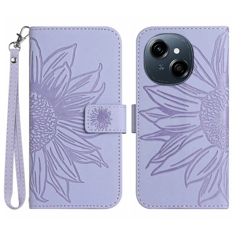 Phone Case For TECNO Spark Go 1 / Spark Go 2025 / Pop 9 4G Sunflower Imprint Leather Wallet Cover with Wrist Strap - Light Purple
