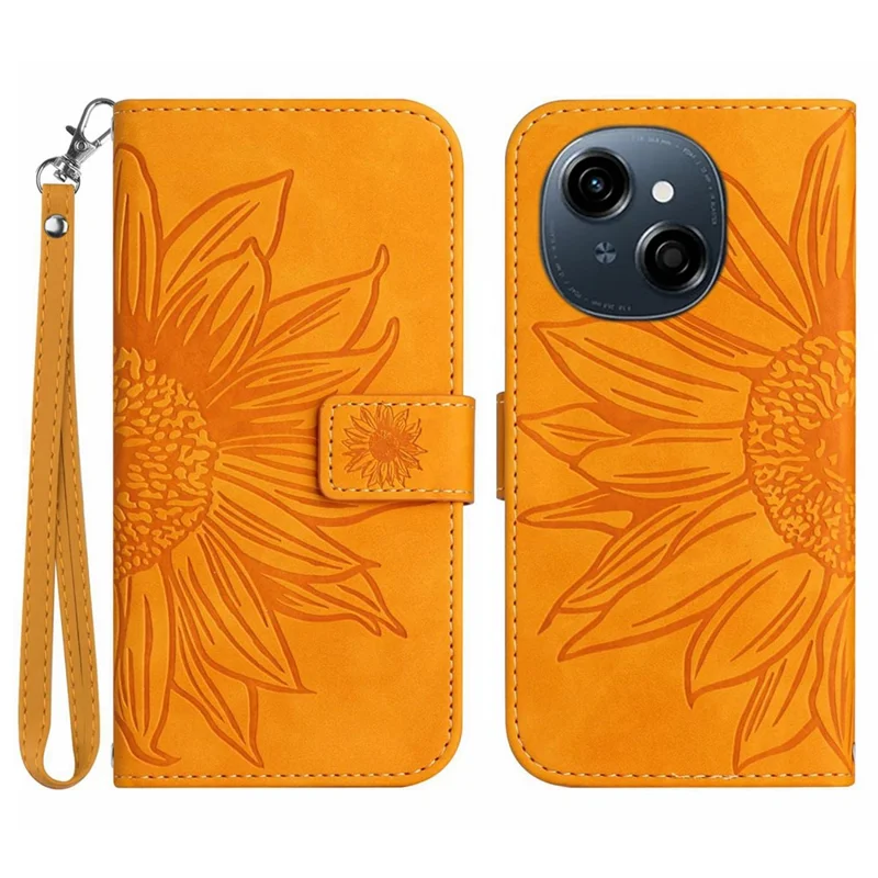 Phone Case For TECNO Spark Go 1 / Spark Go 2025 / Pop 9 4G Sunflower Imprint Leather Wallet Cover with Wrist Strap - Yellow