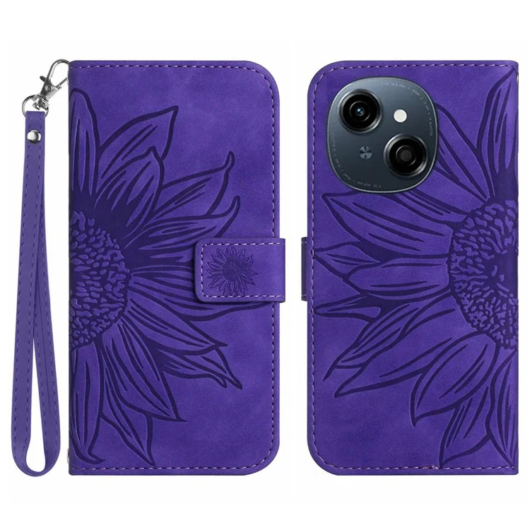 Phone Case For TECNO Spark Go 1 / Spark Go 2025 / Pop 9 4G Sunflower Imprint Leather Wallet Cover with Wrist Strap - Dark Purple
