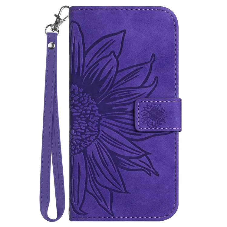 Phone Case For TECNO Spark Go 1 / Spark Go 2025 / Pop 9 4G Sunflower Imprint Leather Wallet Cover with Wrist Strap - Dark Purple