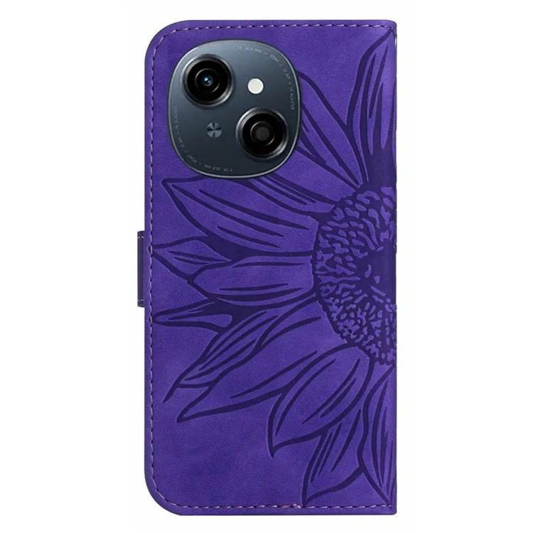 Phone Case For TECNO Spark Go 1 / Spark Go 2025 / Pop 9 4G Sunflower Imprint Leather Wallet Cover with Wrist Strap - Dark Purple