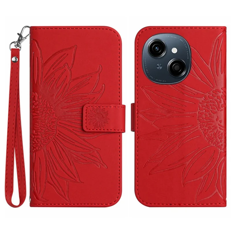 Phone Case For TECNO Spark Go 1 / Spark Go 2025 / Pop 9 4G Sunflower Imprint Leather Wallet Cover with Wrist Strap - Red