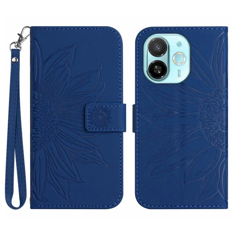 For TECNO Spark 30C 5G / Pop 9 5G Case Sunflower Imprint Leather Wallet Phone Cover with Wrist Strap - Sapphire