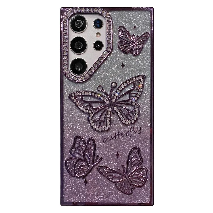 For Samsung Galaxy S24 Ultra Case Rhinestones Decor 3D Butterfly TPU Phone Cover with Glitter Paper - Purple