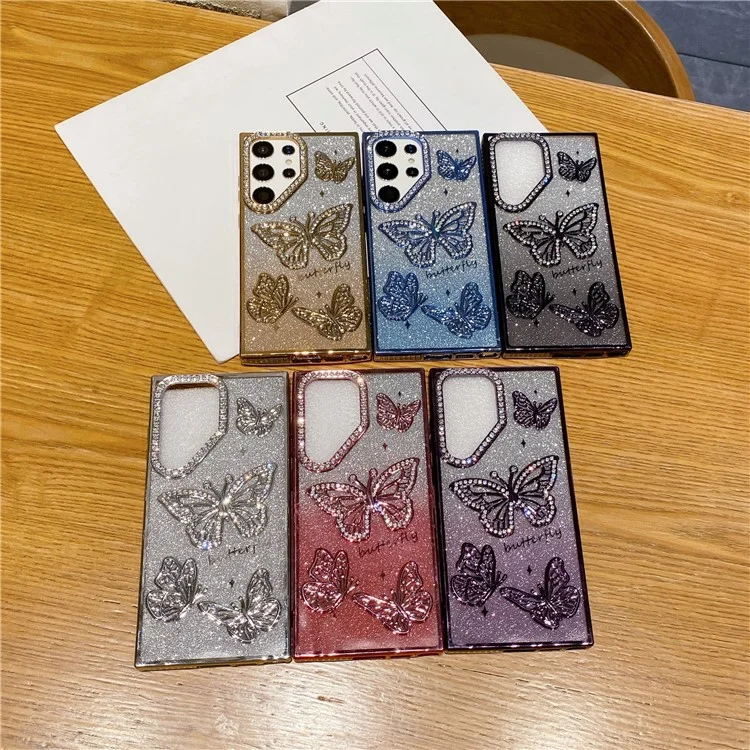 For Samsung Galaxy S24 Ultra Case Rhinestones Decor 3D Butterfly TPU Phone Cover with Glitter Paper - Purple