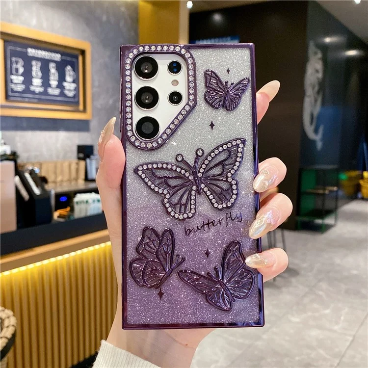 For Samsung Galaxy S24 Ultra Case Rhinestones Decor 3D Butterfly TPU Phone Cover with Glitter Paper - Purple