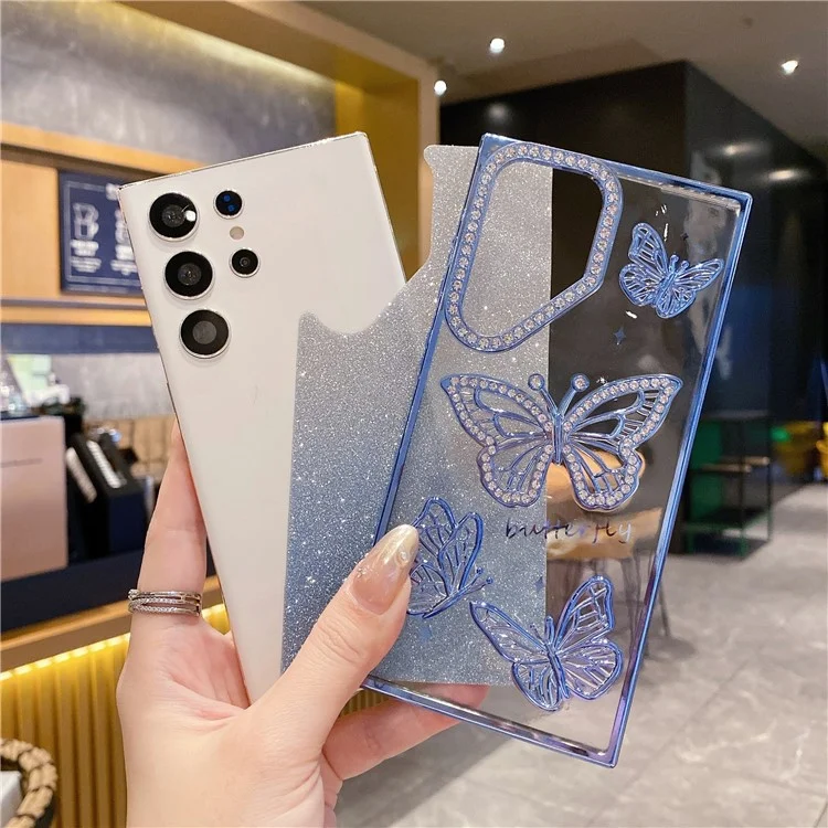 For Samsung Galaxy S24 Ultra Case Rhinestones Decor 3D Butterfly TPU Phone Cover with Glitter Paper - Purple