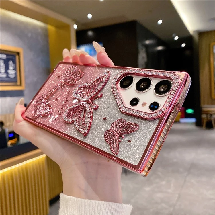 For Samsung Galaxy S24 Ultra Case Rhinestones Decor 3D Butterfly TPU Phone Cover with Glitter Paper - Purple