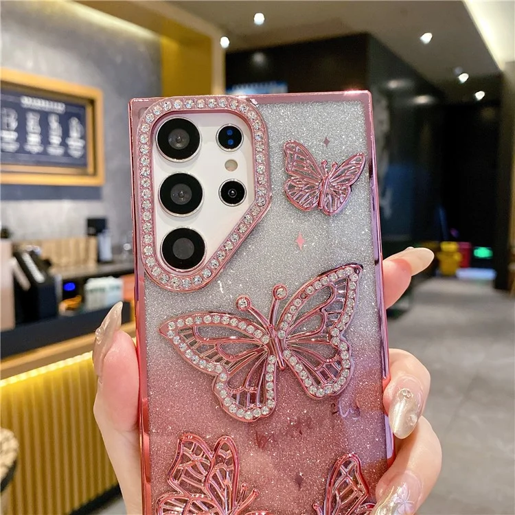 For Samsung Galaxy S24 Ultra Case Rhinestones Decor 3D Butterfly TPU Phone Cover with Glitter Paper - Purple