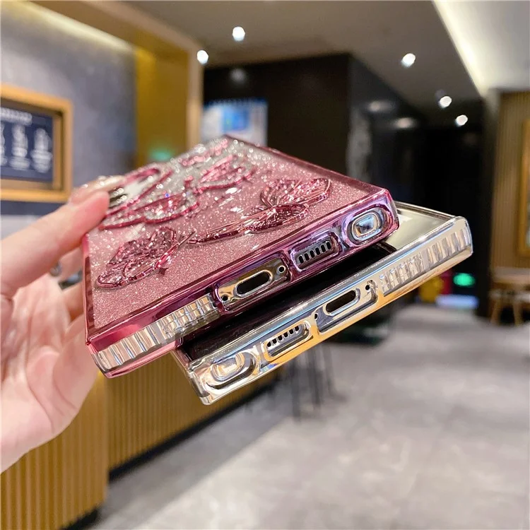 For Samsung Galaxy S24 Ultra Case Rhinestones Decor 3D Butterfly TPU Phone Cover with Glitter Paper - Purple