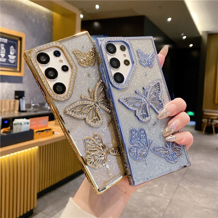 For Samsung Galaxy S24 Ultra Case Rhinestones Decor 3D Butterfly TPU Phone Cover with Glitter Paper - Purple