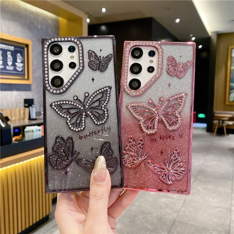 For Samsung Galaxy S24 Ultra Case Rhinestones Decor 3D Butterfly TPU Phone Cover with Glitter Paper - Purple