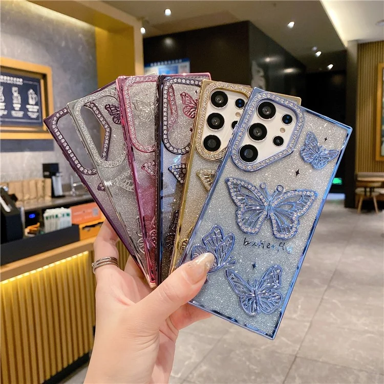 For Samsung Galaxy S24 Ultra Case Rhinestones Decor 3D Butterfly TPU Phone Cover with Glitter Paper - Purple