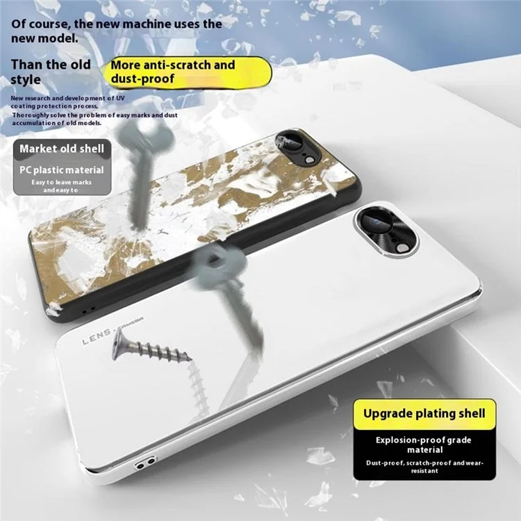 For iPhone 16e Case Acrylic + TPU + Metal Anti-Scratch Phone Cover with Electroplating Frame - White