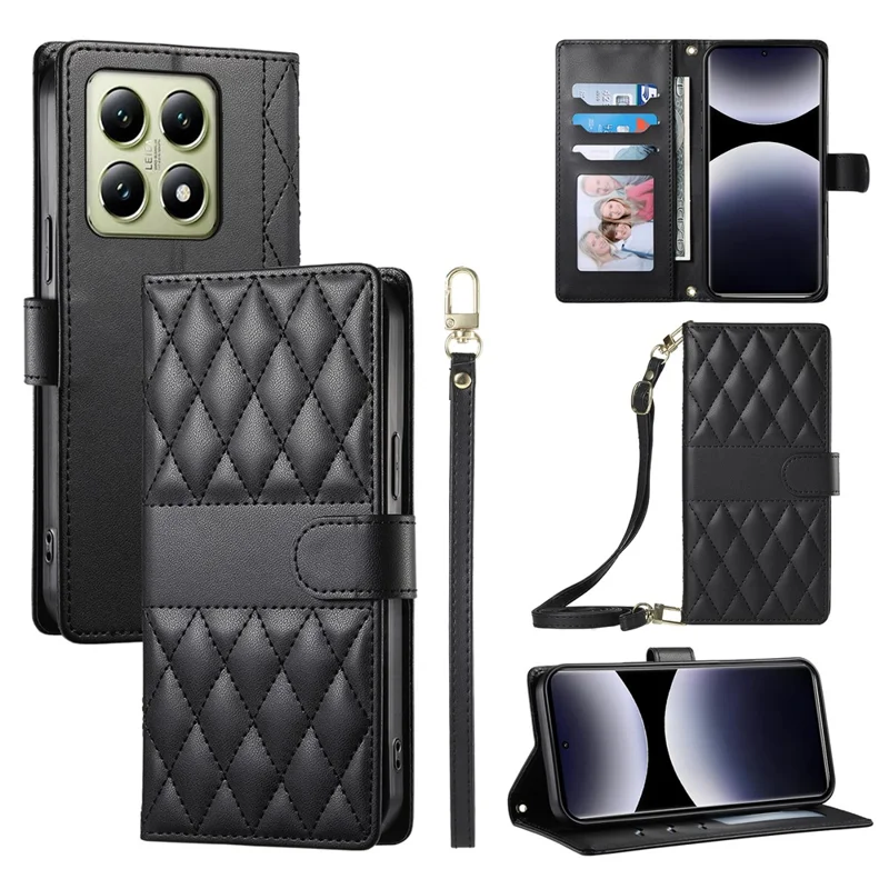 For Xiaomi 14T Case Rhombus Stitching Wallet Stand Leather Phone Cover with Long  /  Short Strap - Black
