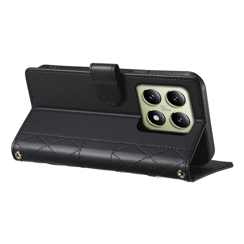 For Xiaomi 14T Case Rhombus Stitching Wallet Stand Leather Phone Cover with Long  /  Short Strap - Black