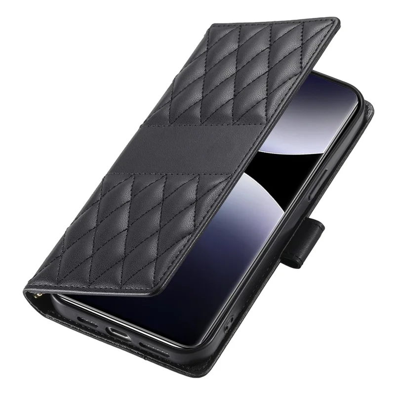 For Xiaomi 14T Case Rhombus Stitching Wallet Stand Leather Phone Cover with Long  /  Short Strap - Black