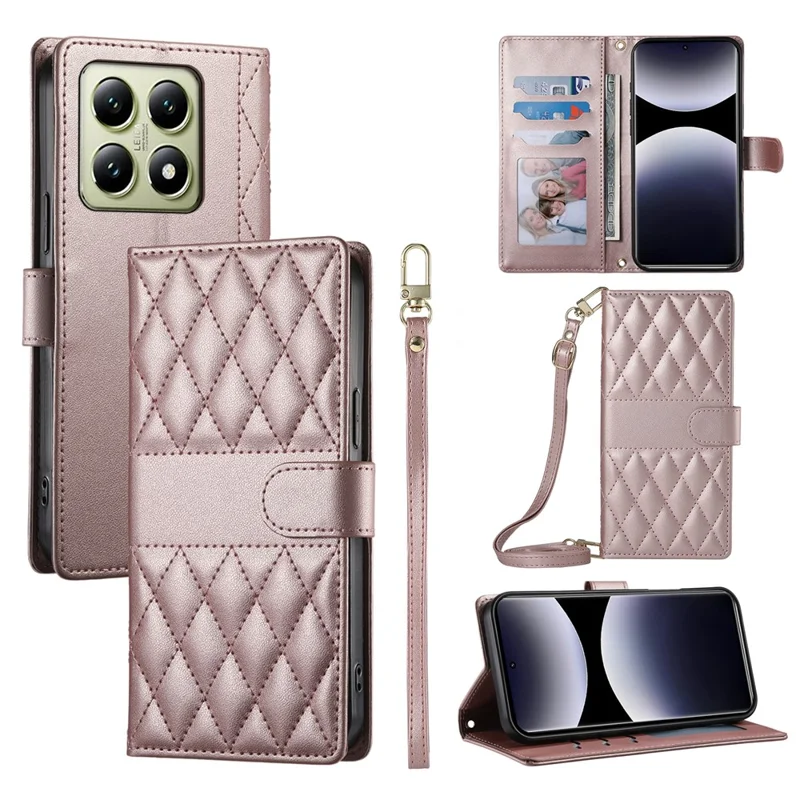For Xiaomi 14T Case Rhombus Stitching Wallet Stand Leather Phone Cover with Long  /  Short Strap - Rose Gold