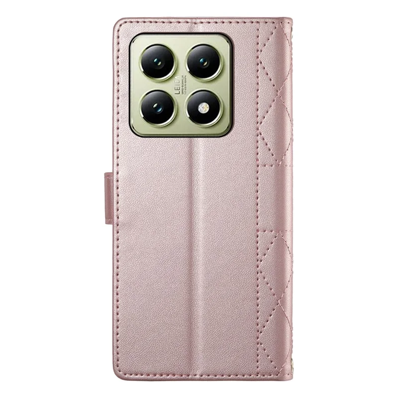 For Xiaomi 14T Case Rhombus Stitching Wallet Stand Leather Phone Cover with Long  /  Short Strap - Rose Gold