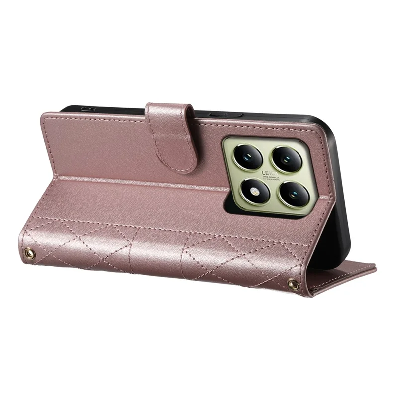 For Xiaomi 14T Case Rhombus Stitching Wallet Stand Leather Phone Cover with Long  /  Short Strap - Rose Gold