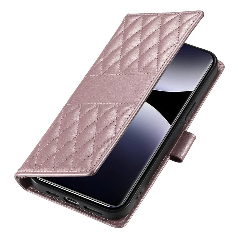 For Xiaomi 14T Case Rhombus Stitching Wallet Stand Leather Phone Cover with Long  /  Short Strap - Rose Gold