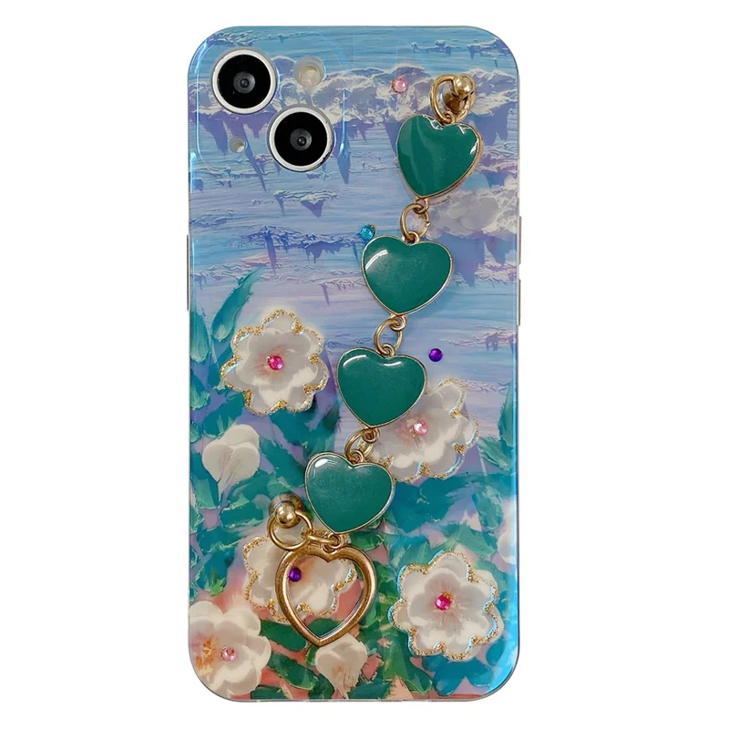 For iPhone 15 Case with Heart Strap Floral Pattern IMD TPU Phone Back Cover Rhinestone Decor - White Flower