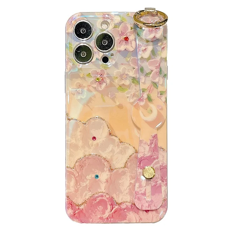For iPhone 16 Pro Max Case with Strap Kickstand, Shoulder Lanyard Floral Pattern IMD TPU Phone Cover - Sakura
