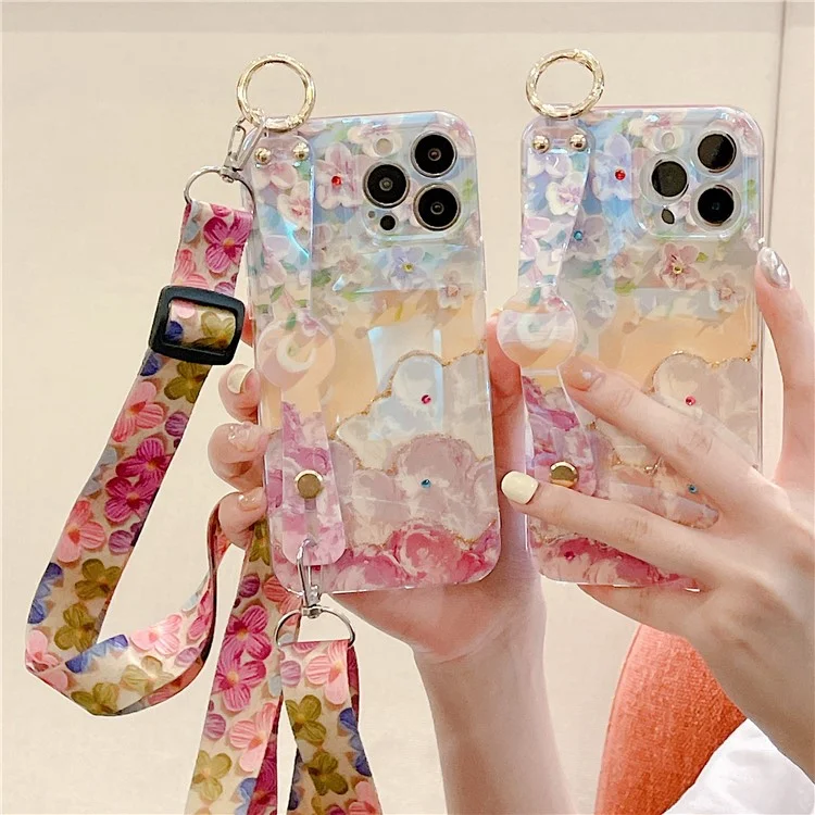 For iPhone 16 Pro Max Case with Strap Kickstand, Shoulder Lanyard Floral Pattern IMD TPU Phone Cover - Sakura