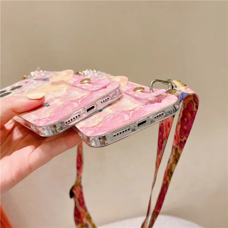 For iPhone 16 Pro Max Case with Strap Kickstand, Shoulder Lanyard Floral Pattern IMD TPU Phone Cover - Sakura