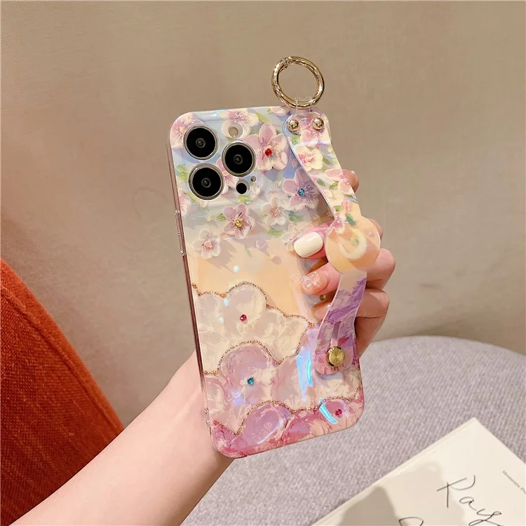 For iPhone 16 Pro Max Case with Strap Kickstand, Shoulder Lanyard Floral Pattern IMD TPU Phone Cover - Sakura