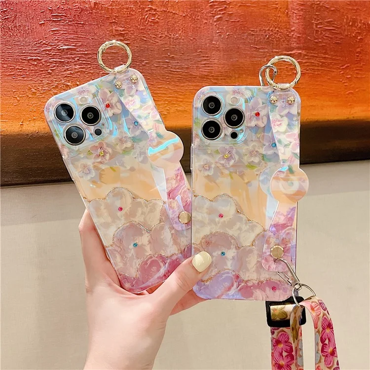 For iPhone 16 Pro Max Case with Strap Kickstand, Shoulder Lanyard Floral Pattern IMD TPU Phone Cover - Sakura