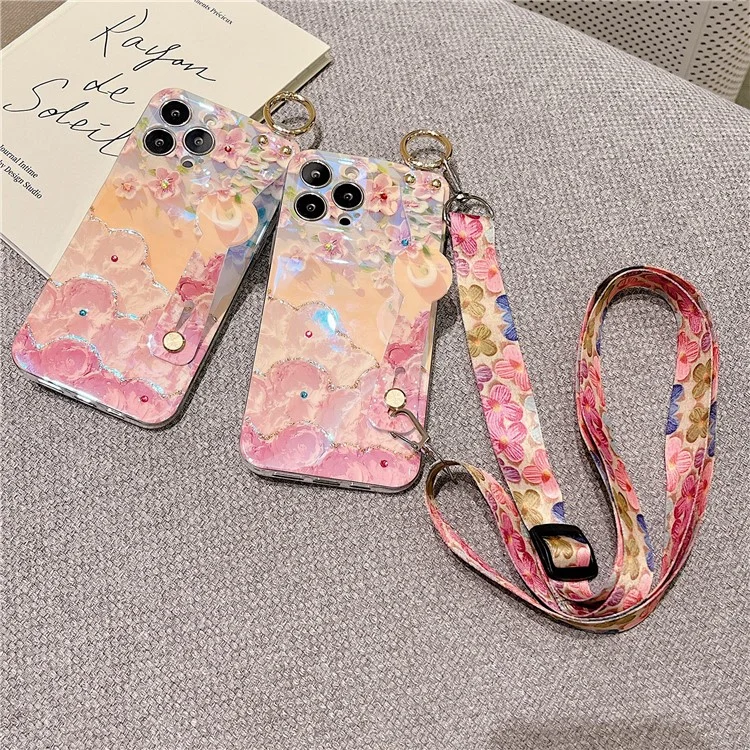 For iPhone 16 Pro Max Case with Strap Kickstand, Shoulder Lanyard Floral Pattern IMD TPU Phone Cover - Sakura