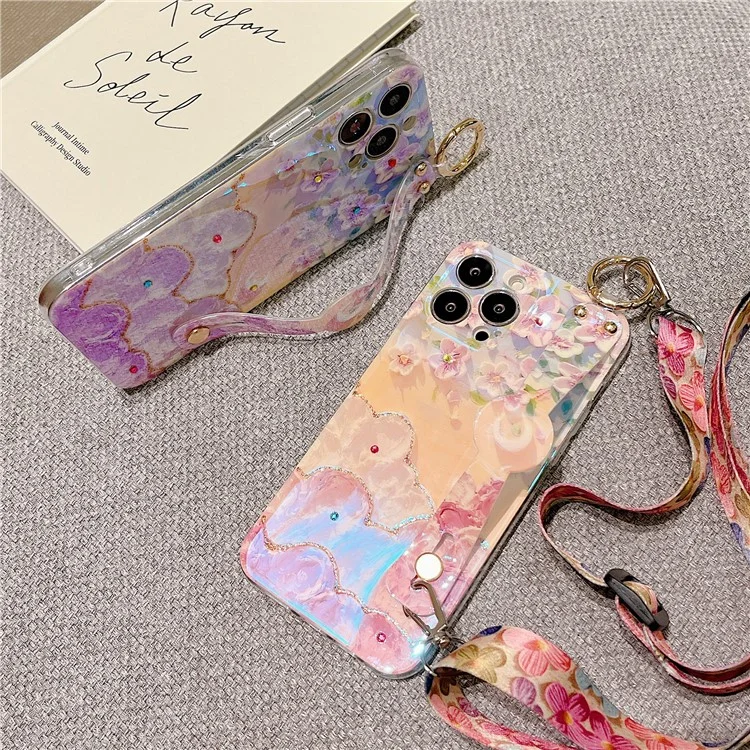 For iPhone 16 Pro Max Case with Strap Kickstand, Shoulder Lanyard Floral Pattern IMD TPU Phone Cover - Sakura