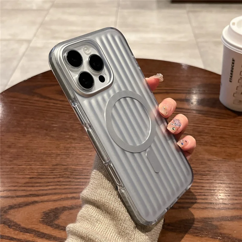 For iPhone 16 Pro Max Magnetic Case Corrugated Design PC + TPU Shockproof Phone Back Cover - Silver