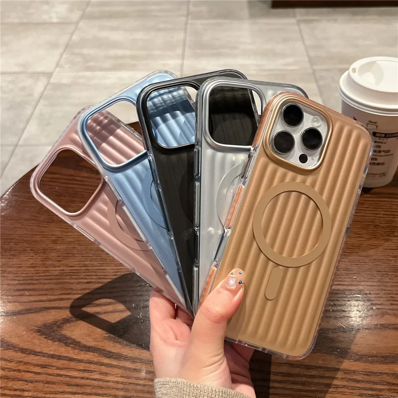 For iPhone 16 Pro Max Magnetic Case Corrugated Design PC + TPU Shockproof Phone Back Cover - Silver