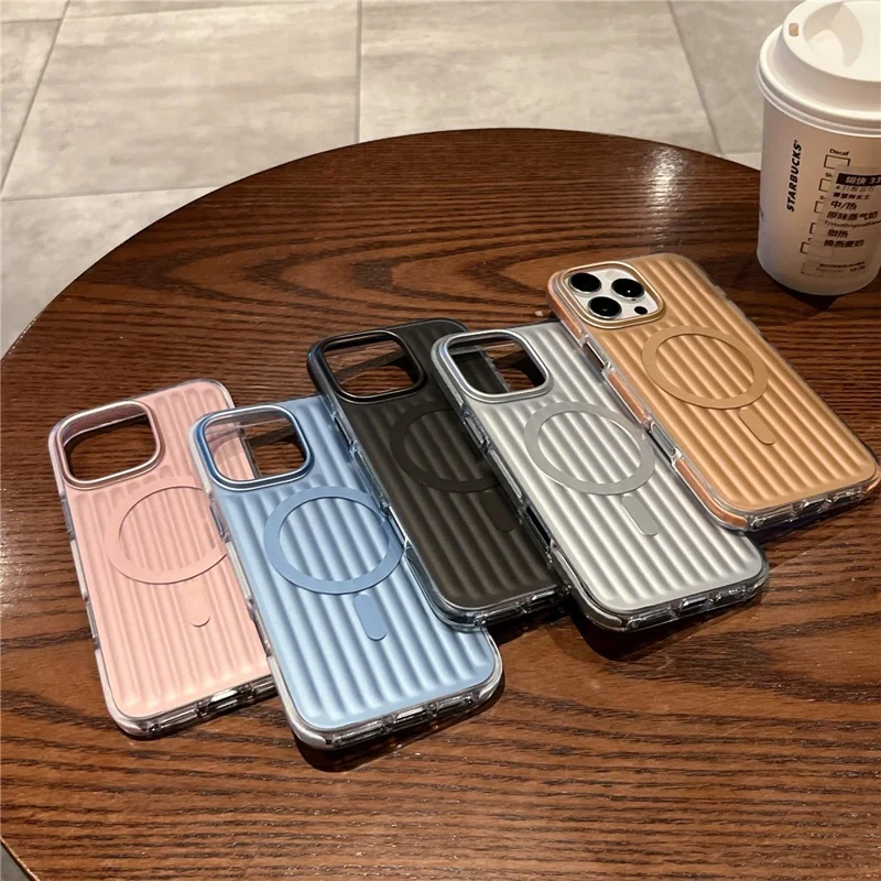 For iPhone 16 Pro Max Magnetic Case Corrugated Design PC + TPU Shockproof Phone Back Cover - Silver