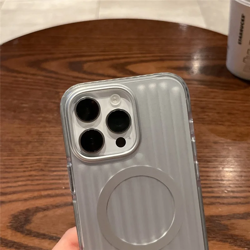 For iPhone 16 Pro Max Magnetic Case Corrugated Design PC + TPU Shockproof Phone Back Cover - Silver